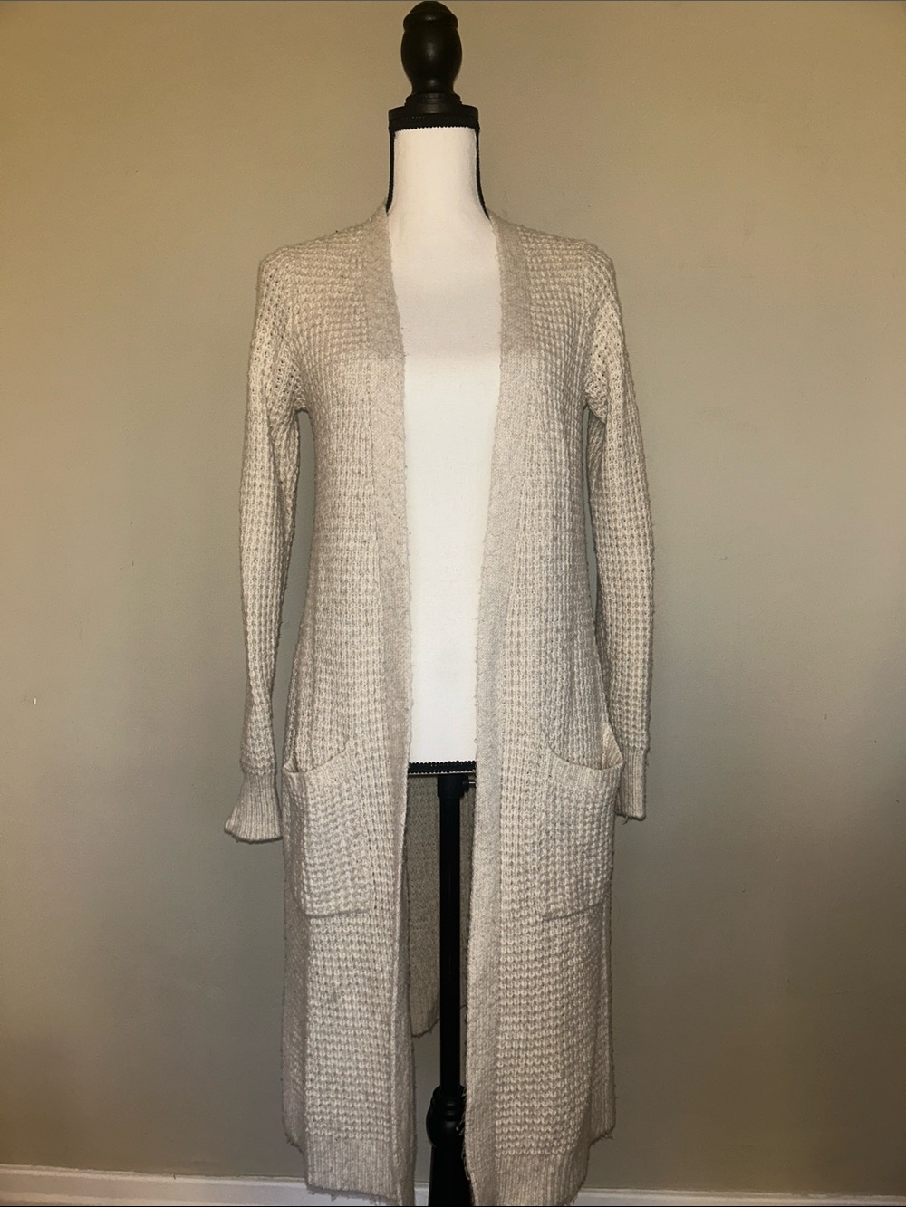 Jessica Simpson Long Open-Front Cream Waffle Knit Cardigan